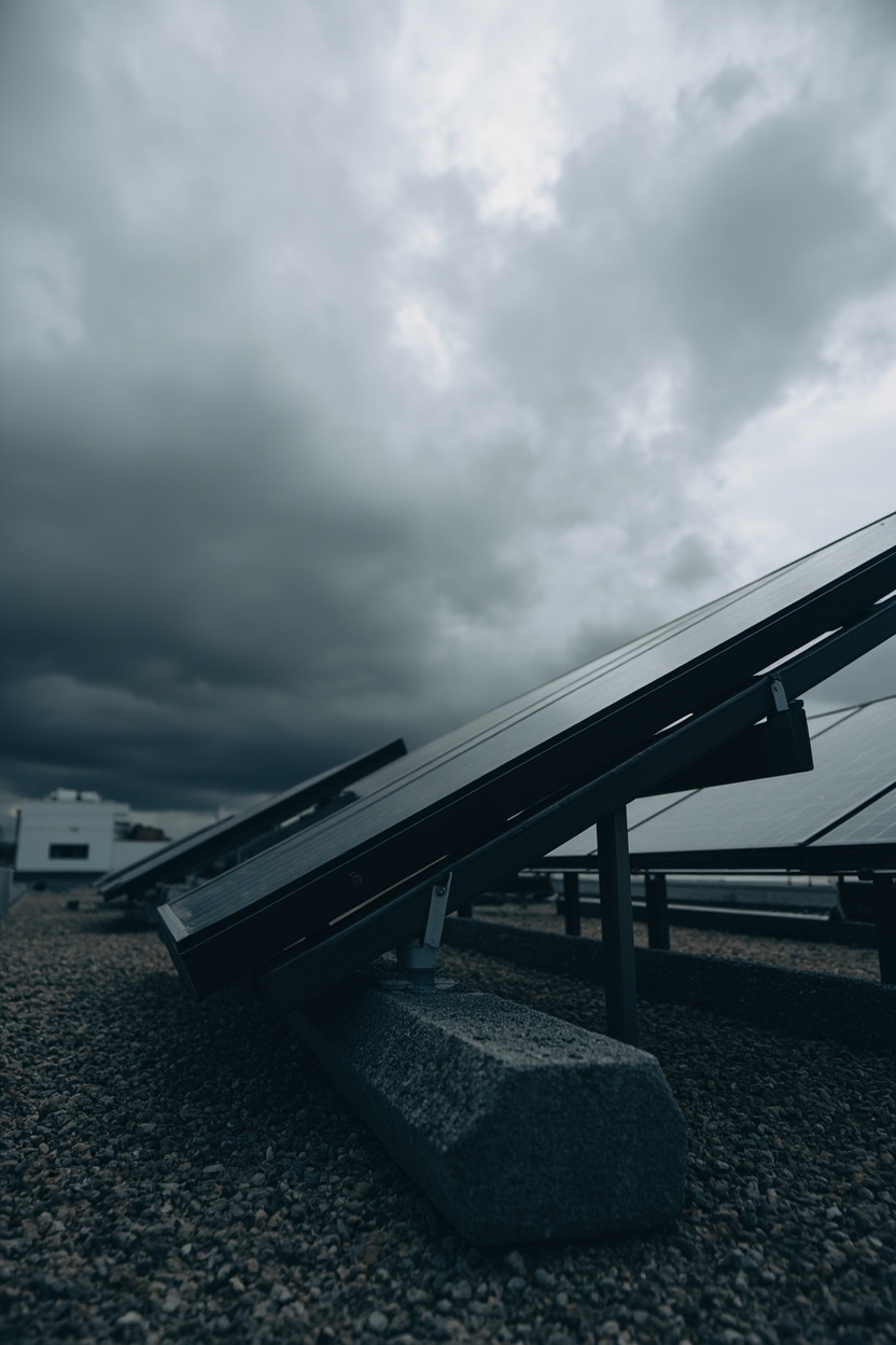De buitenste rij van een veld panelen op een plat grinddak, met betonnen ballastblokken op de zwarte rails