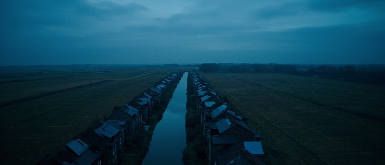 De vlakke polder van Haarlemmermeer bij blauw uur, met een rechte vaart en een rij daken met matzwarte panelen aan de horizon