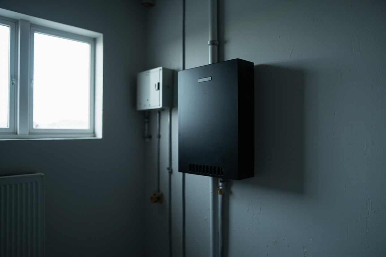 Een slanke matzwarte thuisbatterij aan de wand van een opgeruimde meterkast