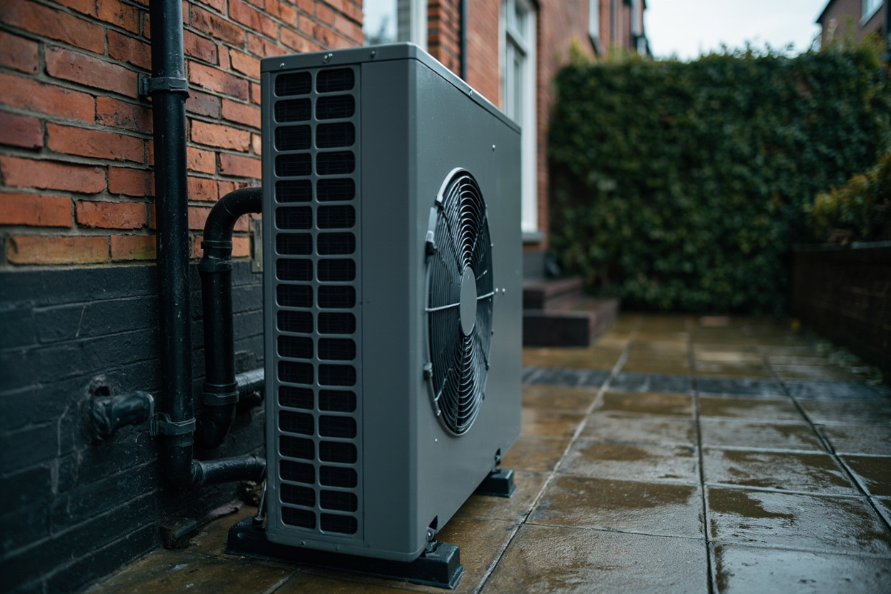 Een buitendeel van een warmtepomp tegen de achtergevel van een rijtjeshuis