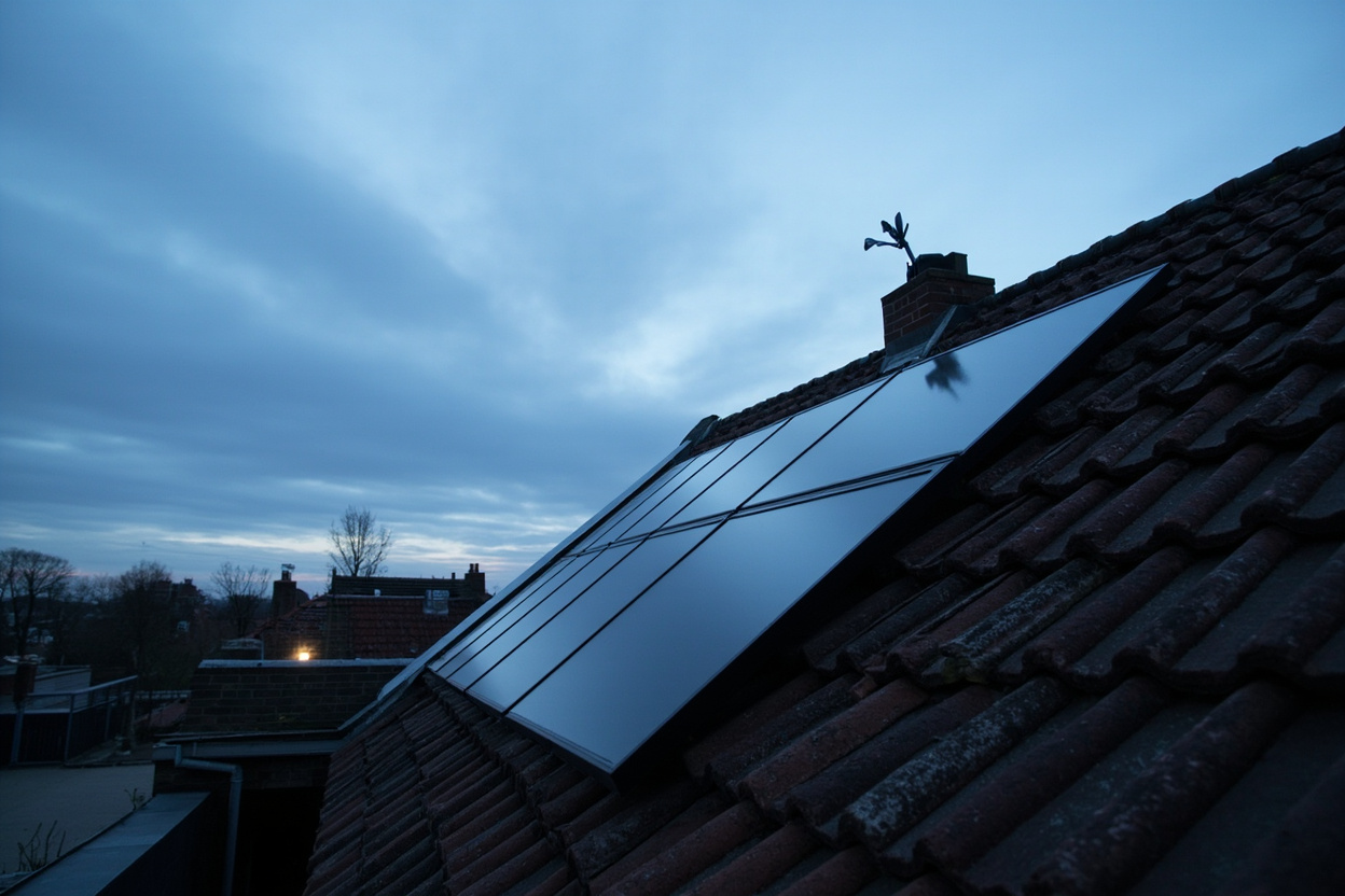 Matzwarte panelen in het vlak van een schuin pannendak in de polder